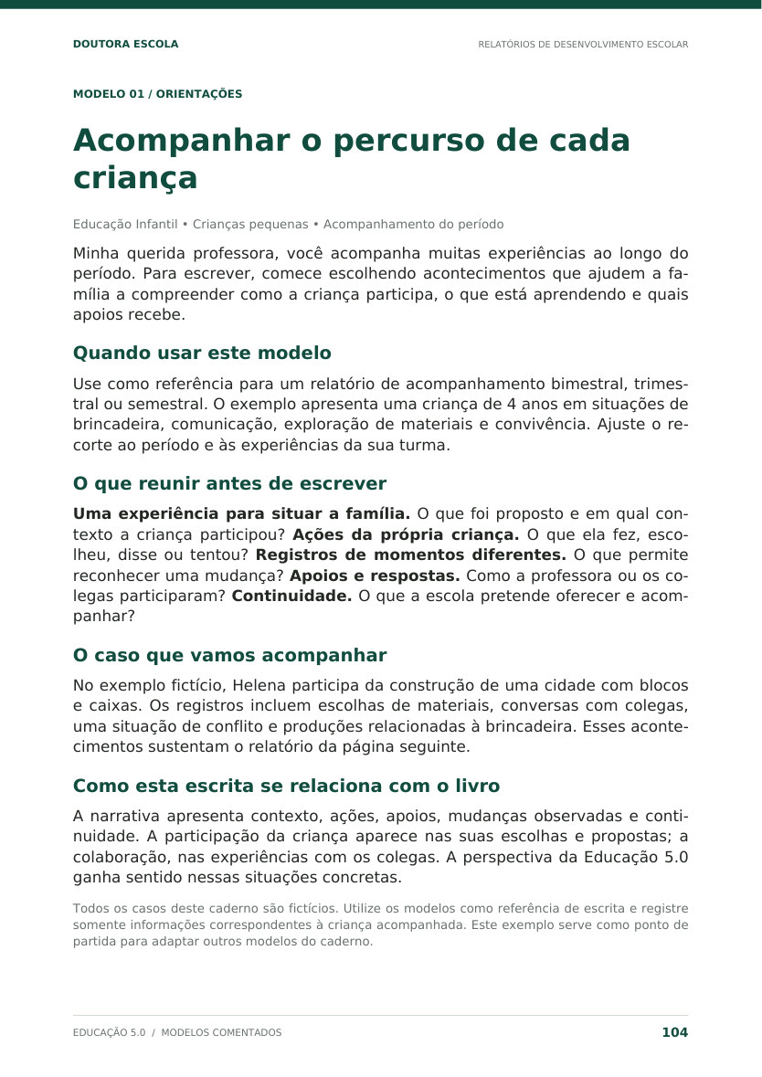 Página 104 do livro: Acompanhar o percurso de cada criança, com orientações para usar e adaptar o modelo